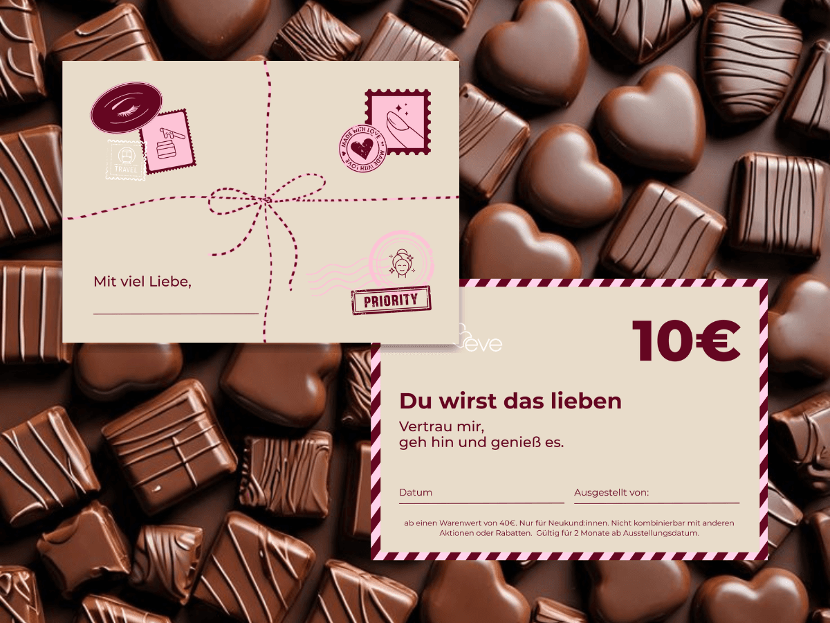 Better Together, tarjeta «Mit viel Liebe» y vale de 10€ sobre fondo de bombones