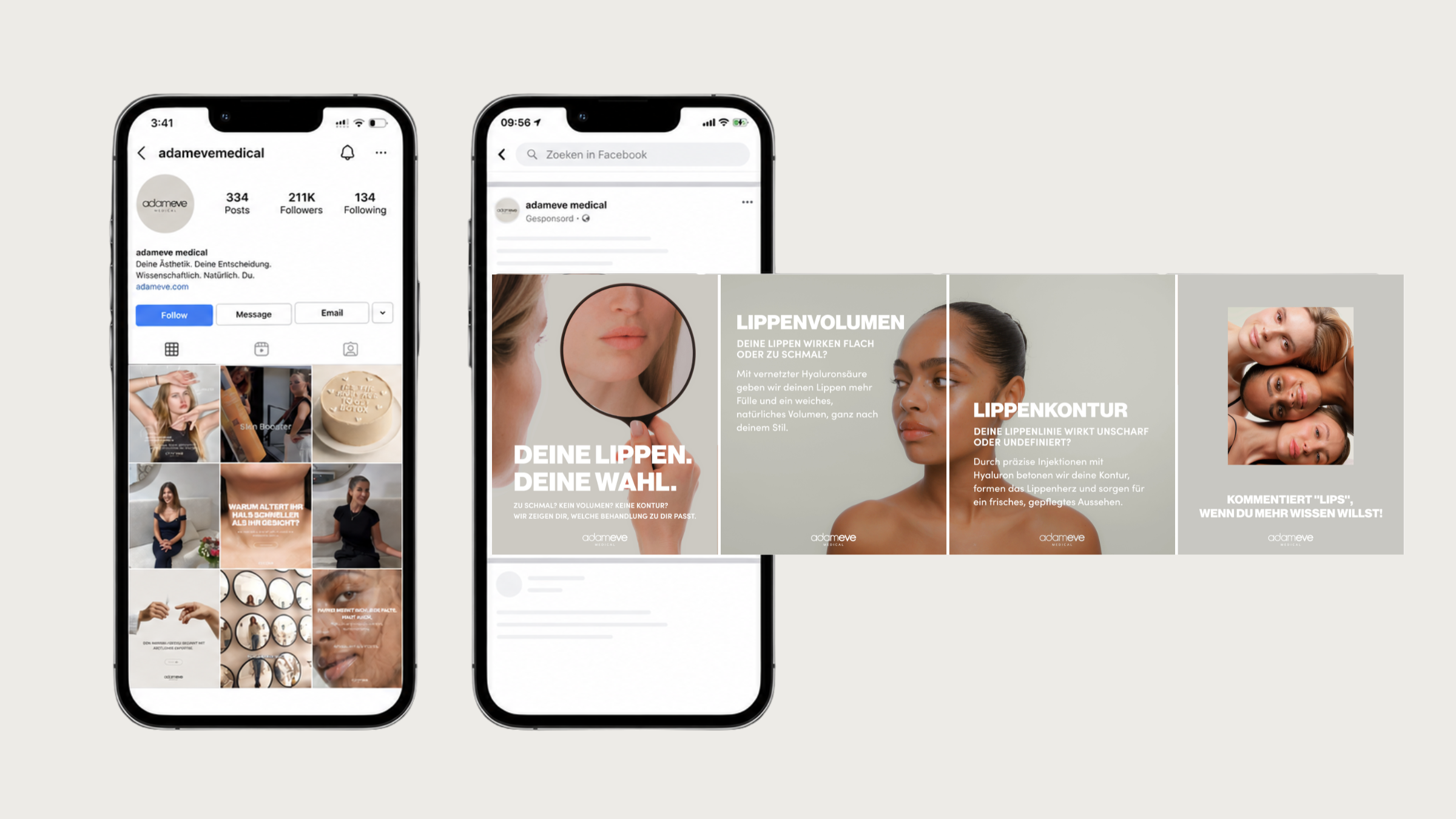 Adam & Eve Medical, sistema de marca aplicado: perfil de Instagram, anuncio de Facebook y carrusel de campaña de labios